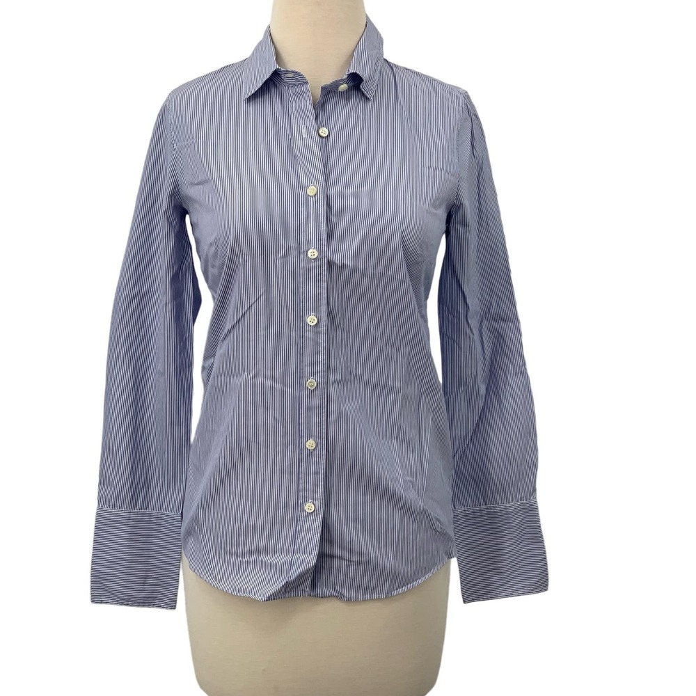 Thomas Mason J.Crew Long Sleeve Navy Blue/White Striped Button-Down Shirt Size 0